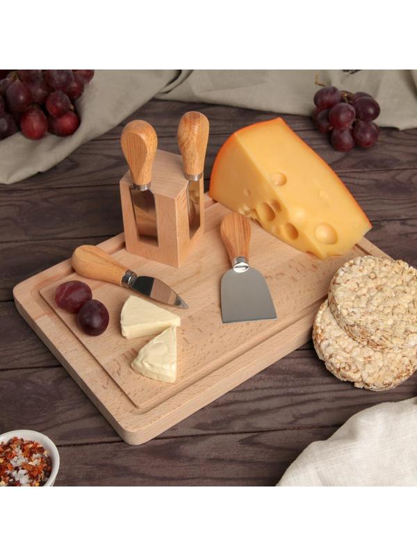 Набор ножей для подачи сыра, 4 шт, на магнитной подставке, бразильская гевея, 8,5х8,5х16,7 см, цвет бежевый