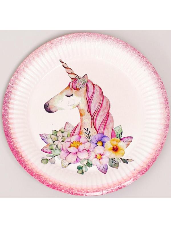 Набор бумажной посуды «Единорог с цветами», 6 тарелок, 1 гирлянда, 6 стаканов, 6 колпаков