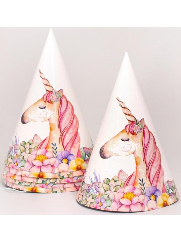 Набор бумажной посуды «Единорог с цветами», 6 тарелок, 1 гирлянда, 6 стаканов, 6 колпаков