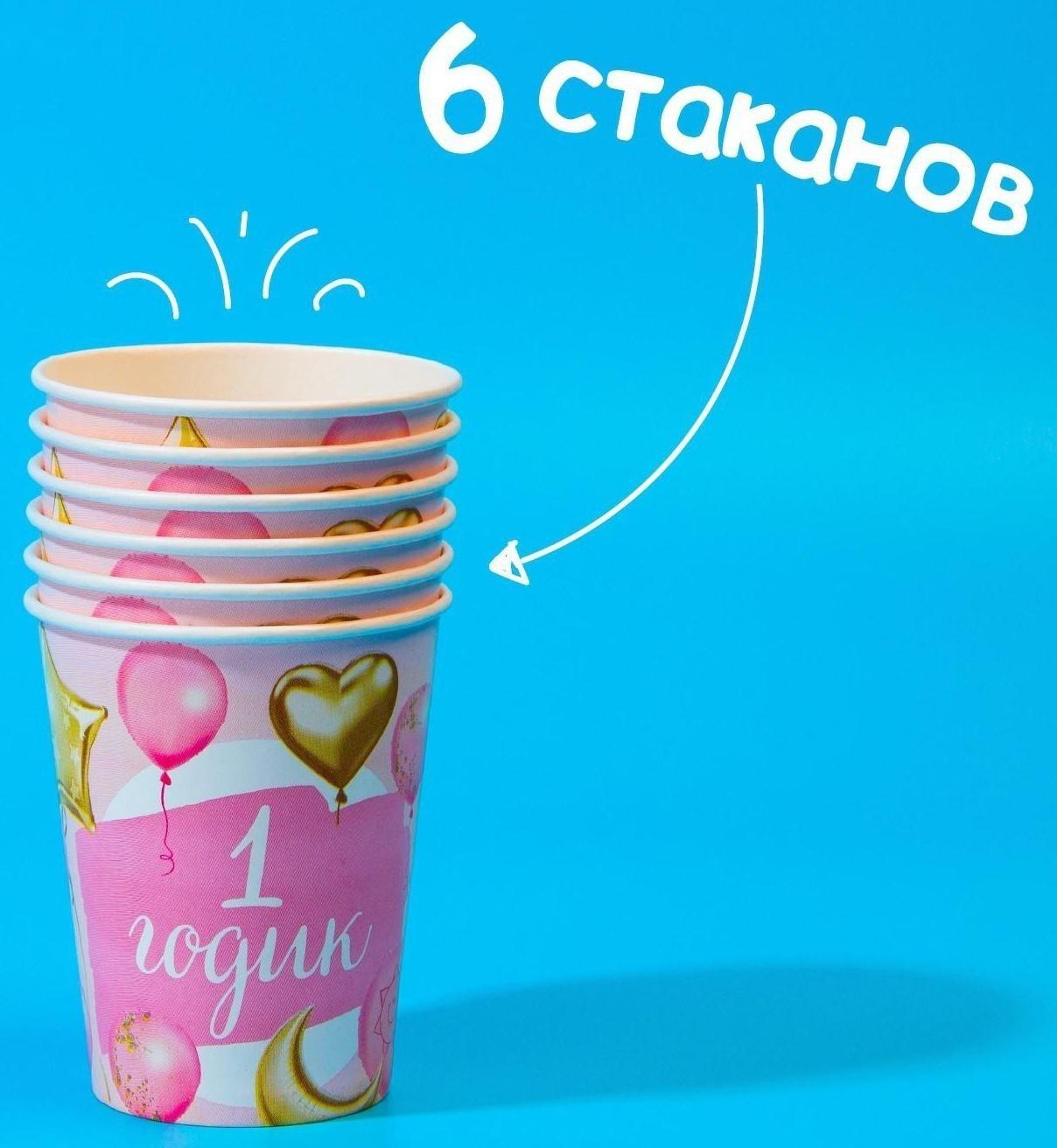 Набор бумажной посуды «1 годик, девочки. Шары», 6 тарелок, 6 стаканов, 6 колпаков, 1 гирлянда