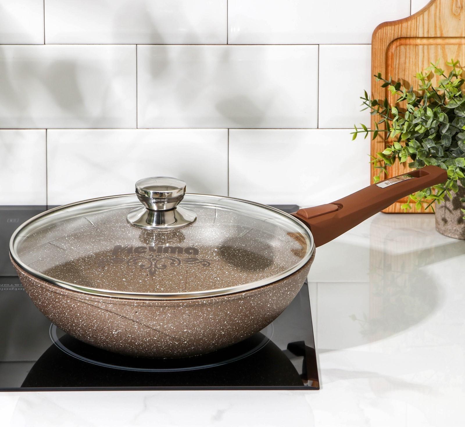 Сковорода «Гранит Brown», d=28 см, съёмная ручка, стеклянная крышка, антипригарное покрытие, цвет коричневый