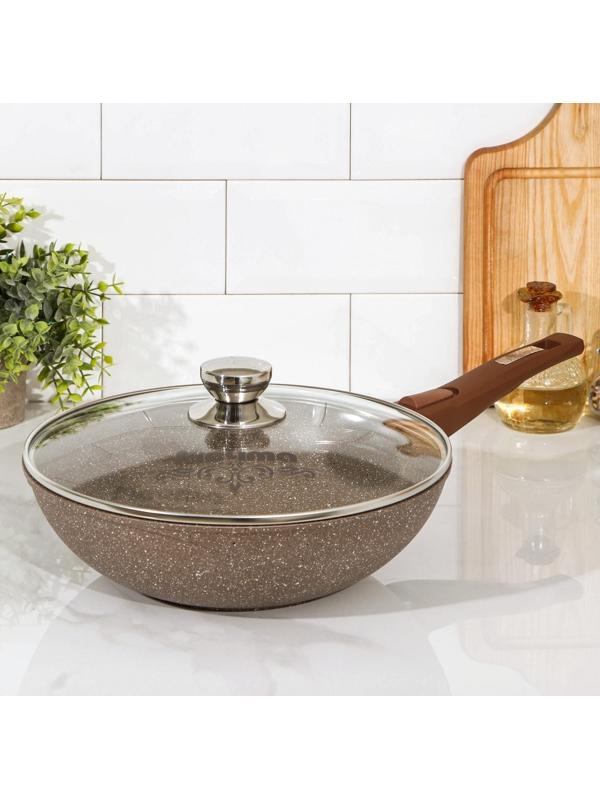 Сковорода «Гранит Brown», d=28 см, съёмная ручка, стеклянная крышка, антипригарное покрытие, цвет коричневый