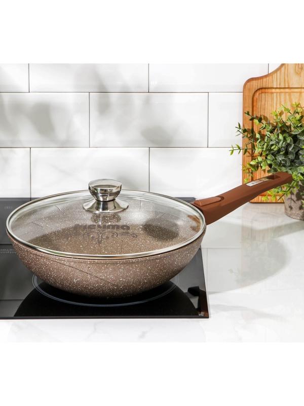 Сковорода «Гранит Brown», d=28 см, съёмная ручка, стеклянная крышка, антипригарное покрытие, цвет коричневый