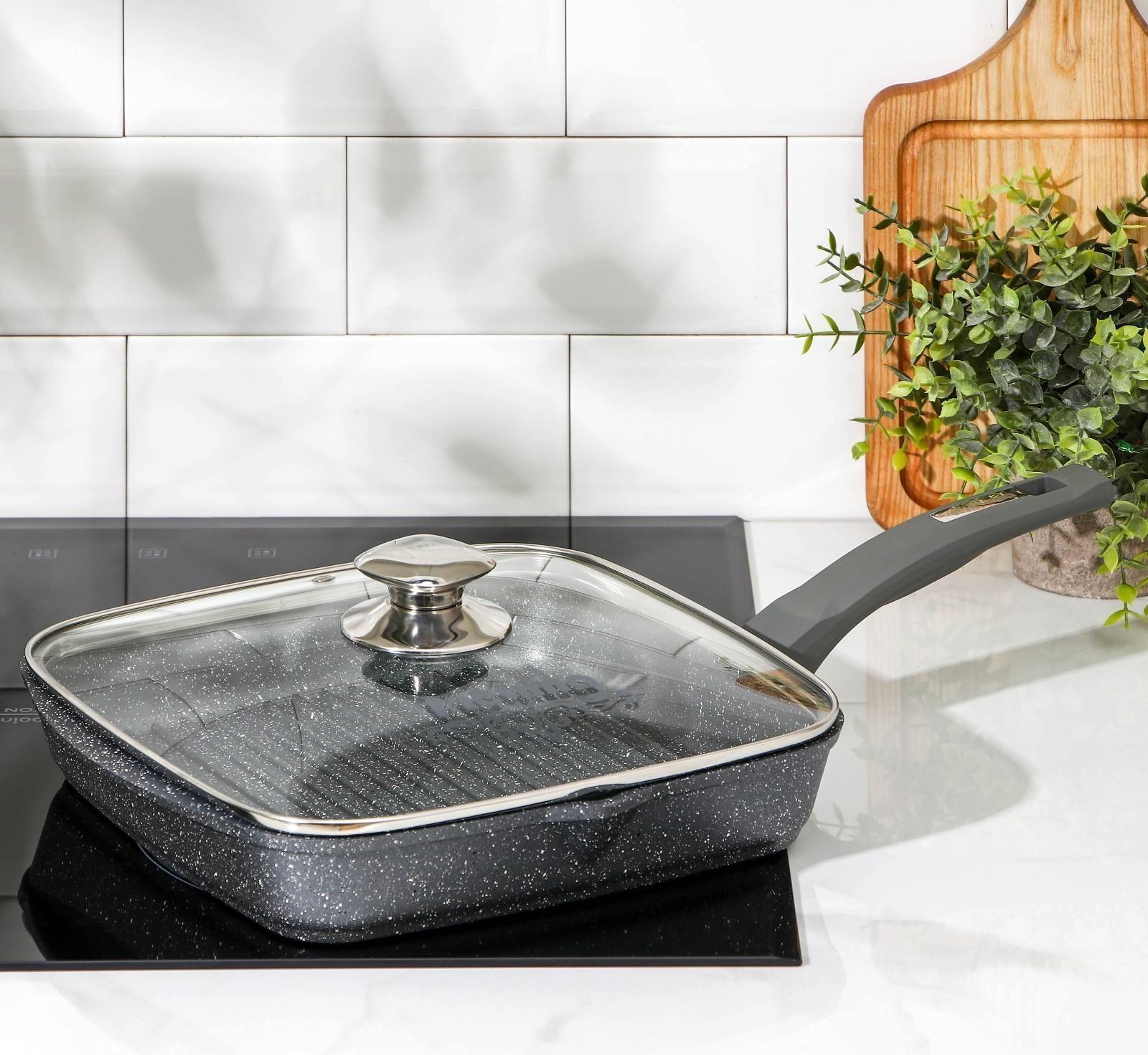 Сковорода-гриль квадратная «Гранит», 26×26 см, пластиковая ручка, стеклянная крышка, антипригарное покрытие, цвет серый