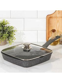 Сковорода-гриль квадратная «Гранит», 26×26 см, пластиковая ручка, стеклянная крышка, антипригарное покрытие, цвет серый