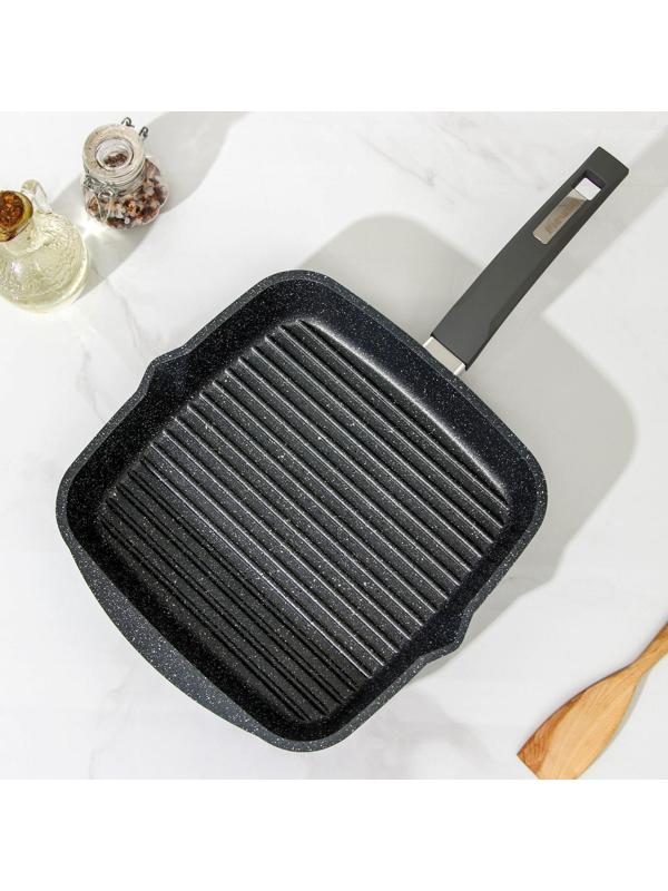 Сковорода-гриль квадратная «Гранит», 26×26 см, пластиковая ручка, стеклянная крышка, антипригарное покрытие, цвет серый