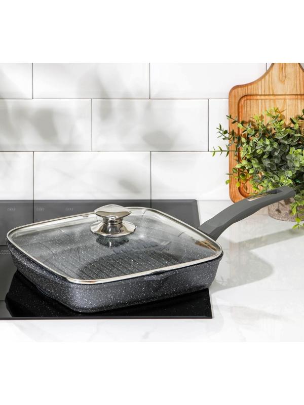 Сковорода-гриль квадратная «Гранит», 26×26 см, пластиковая ручка, стеклянная крышка, антипригарное покрытие, цвет серый