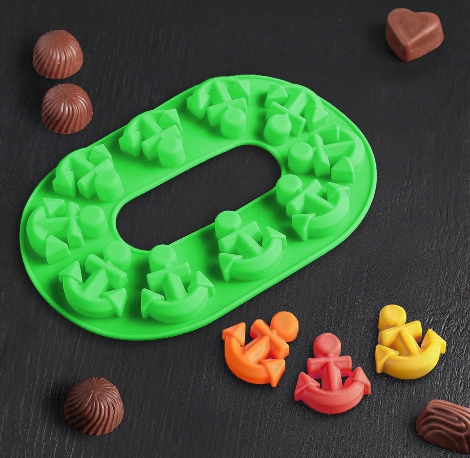 Форма для льда и кондитерских украшений Доляна «Якорь», 20,5×13,5×1 см, силикон, 10 ячеек, цвет МИКС