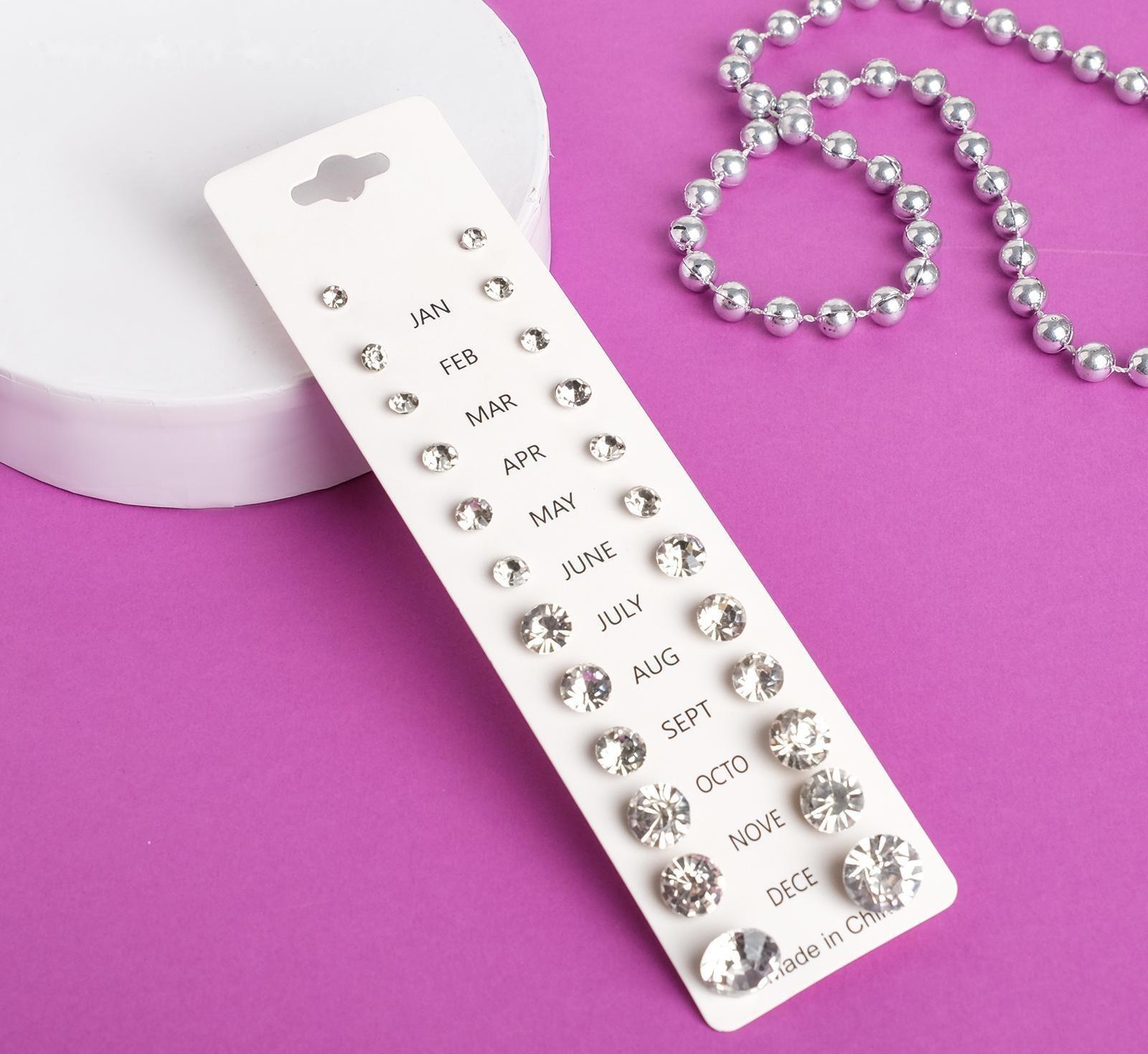 Пусеты 12 пар One year, классика, цвет белый в серебре