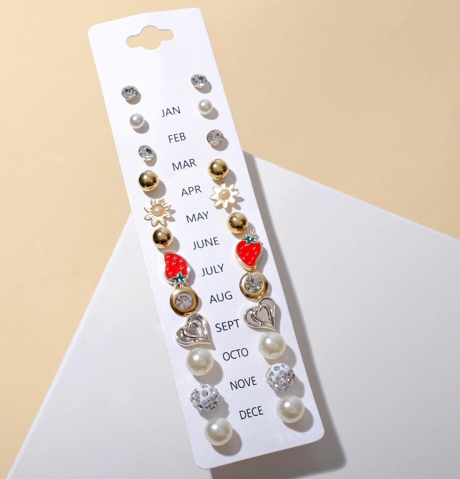 Пусеты 12 пар One year, беззаботность, цвет бело-красный в золоте