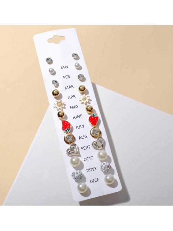 Пусеты 12 пар One year, беззаботность, цвет бело-красный в золоте