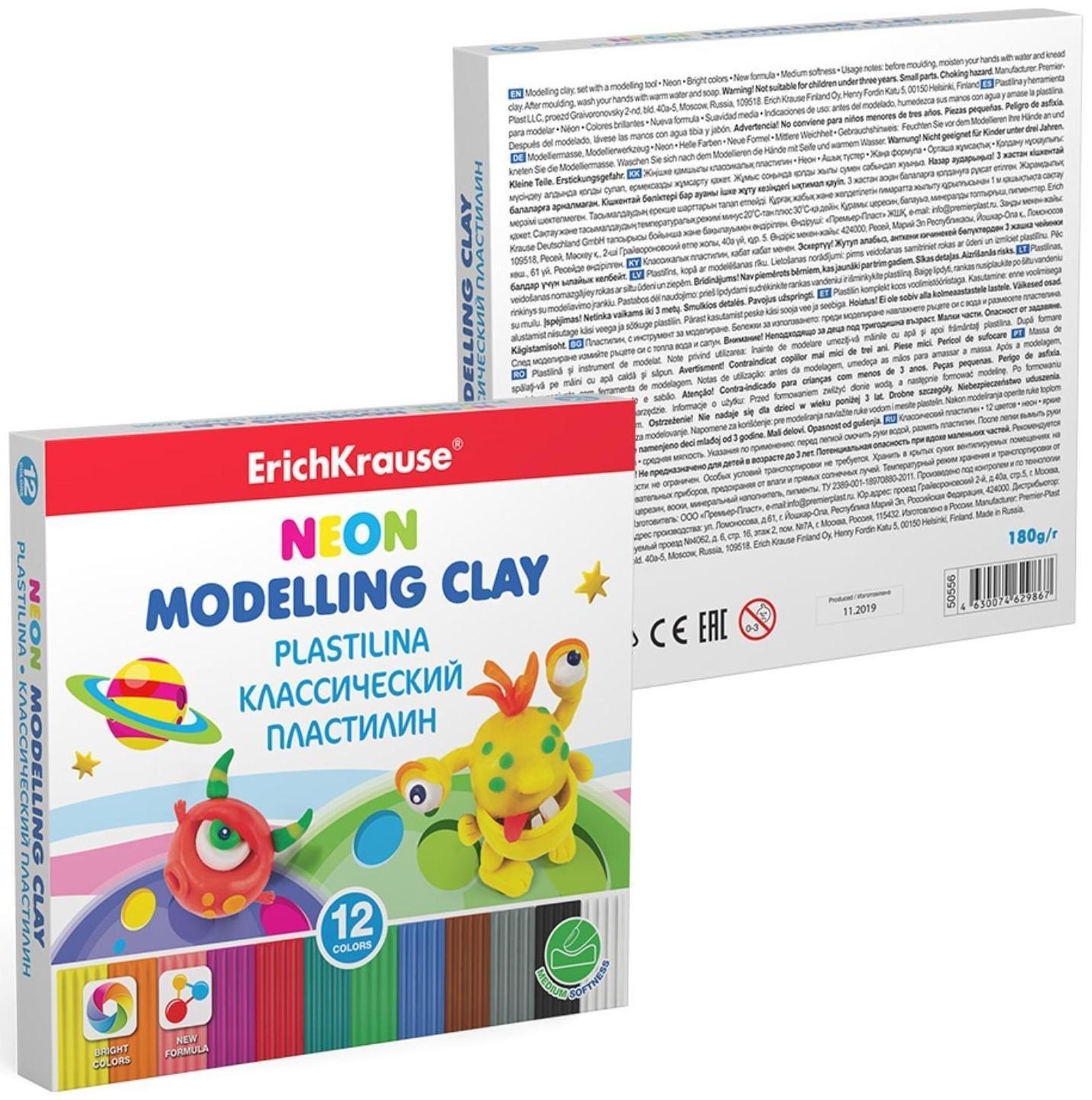 Пластилин 12 цвета, 180 г, ErichKrause Monsters, неоновый, улучшенная формула, со стеком, в картонной упаковке