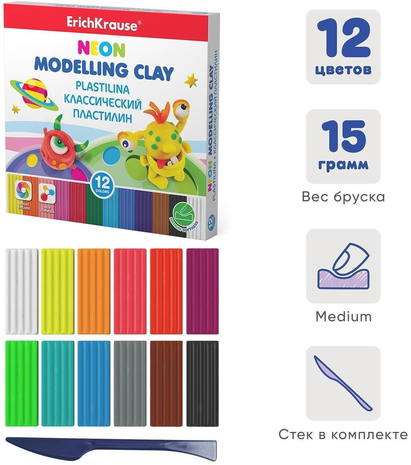 Пластилин 12 цвета, 180 г, ErichKrause Monsters, неоновый, улучшенная формула, со стеком, в картонной упаковке
