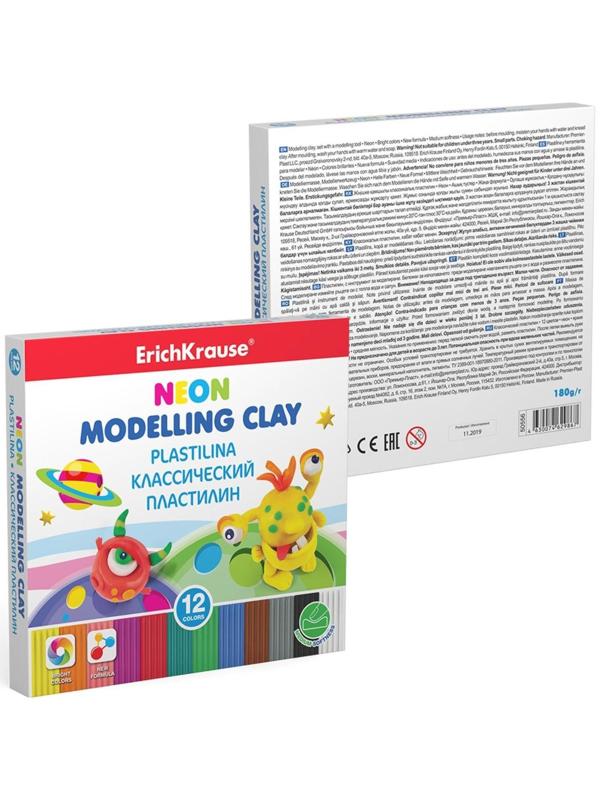 Пластилин 12 цвета, 180 г, ErichKrause Monsters, неоновый, улучшенная формула, со стеком, в картонной упаковке