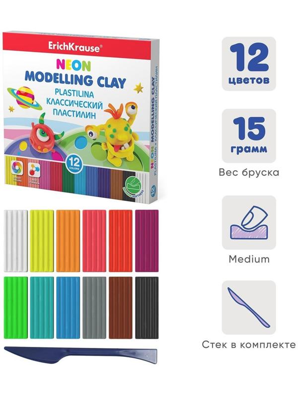 Пластилин 12 цвета, 180 г, ErichKrause Monsters, неоновый, улучшенная формула, со стеком, в картонной упаковке