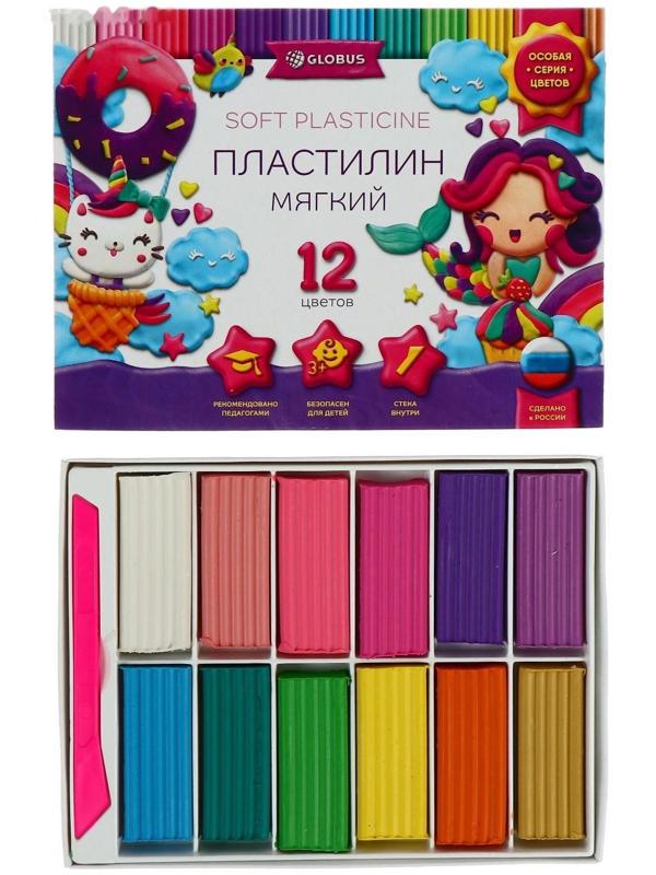 Пластилин GLOBUS, мягкий, 12 цветов, 240 г, со стеком