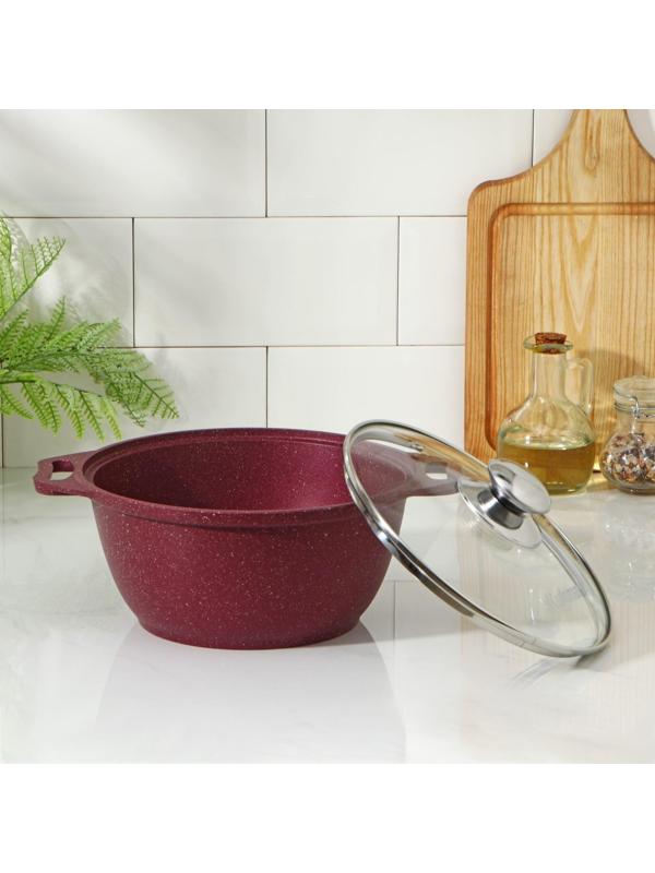 Кастрюля Trendy style, 2 л, стеклянная крышка, антипригарное покрытие, цвет бордовый
