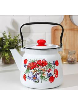 Чайник «Цветы красные», 3,5 л, белый с кнопкой, индукция, цвет белый