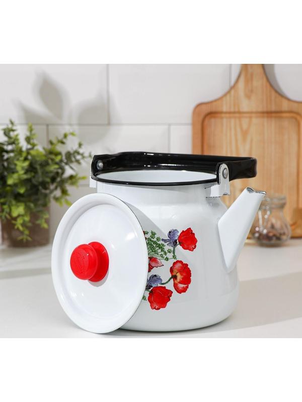 Чайник «Цветы красные», 3,5 л, белый с кнопкой, индукция, цвет белый
