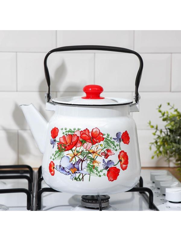 Чайник «Цветы красные», 3,5 л, белый с кнопкой, индукция, цвет белый