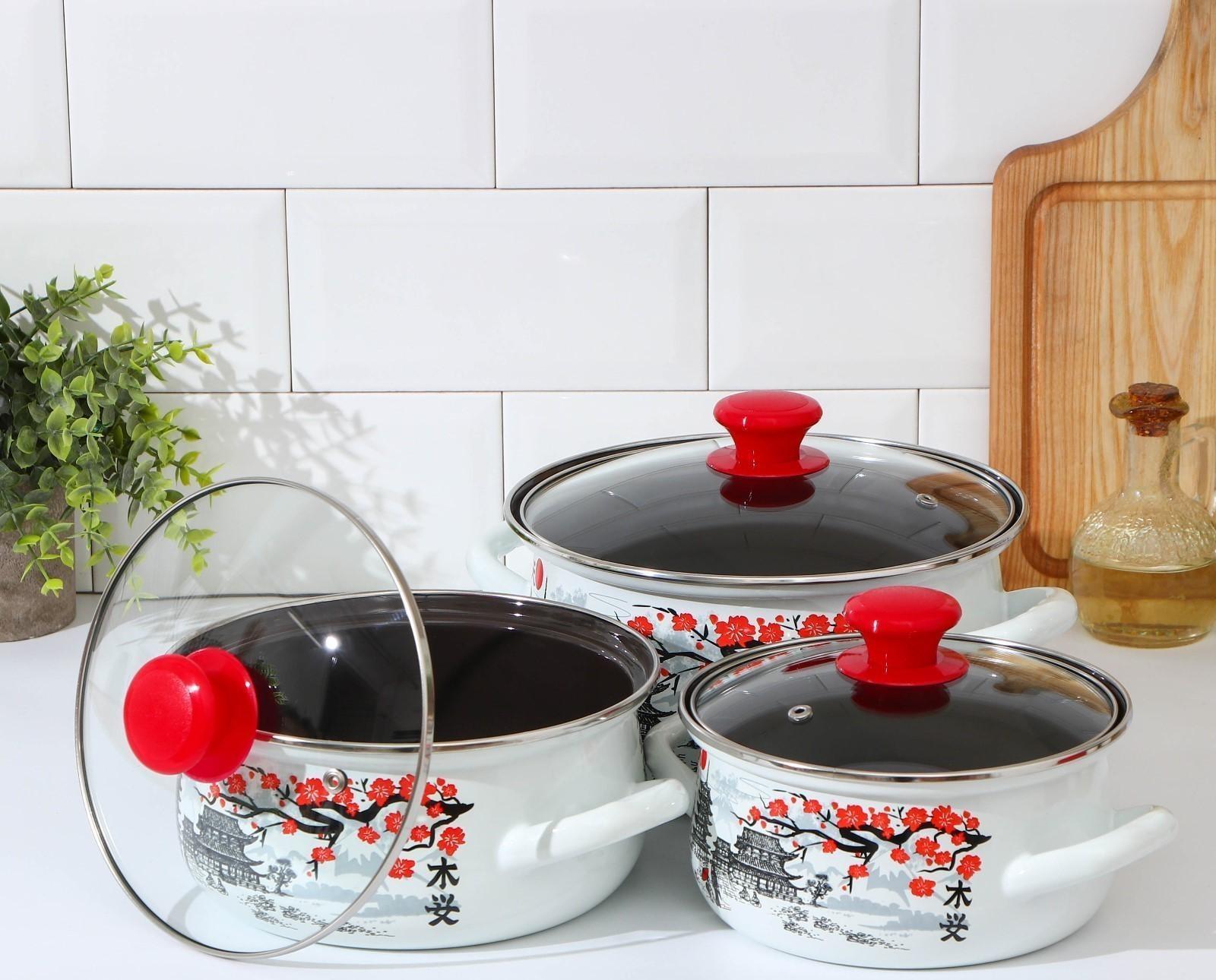 Набор кастрюль «Ветка сакуры», 3 предмета: 1,5 л, 2 л, 3 л, индукция, цвет белый
