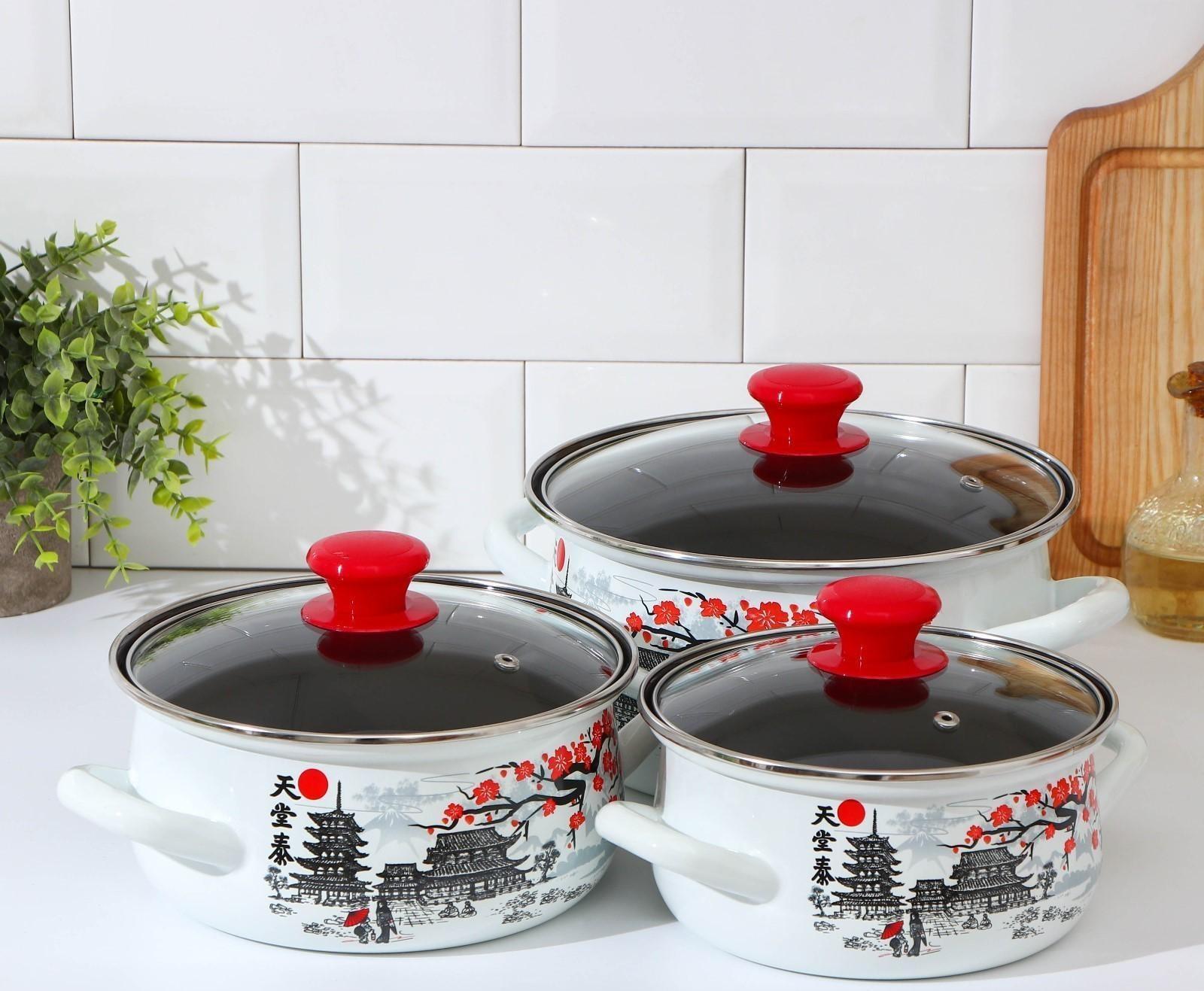 Набор кастрюль «Ветка сакуры», 3 предмета: 1,5 л, 2 л, 3 л, индукция, цвет белый