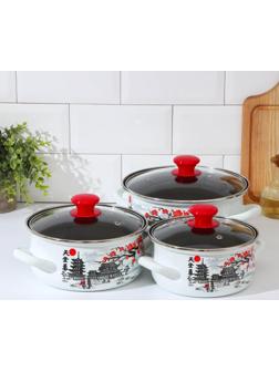 Набор кастрюль «Ветка сакуры», 3 предмета: 1,5 л, 2 л, 3 л, индукция, цвет белый