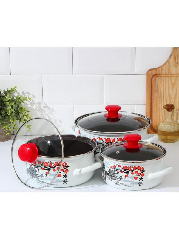 Набор кастрюль «Ветка сакуры», 3 предмета: 1,5 л, 2 л, 3 л, индукция, цвет белый