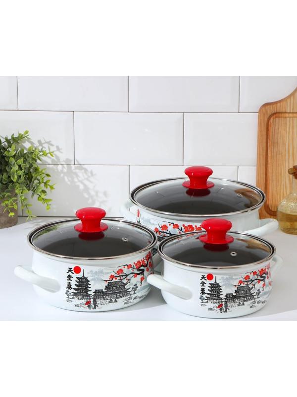 Набор кастрюль «Ветка сакуры», 3 предмета: 1,5 л, 2 л, 3 л, индукция, цвет белый