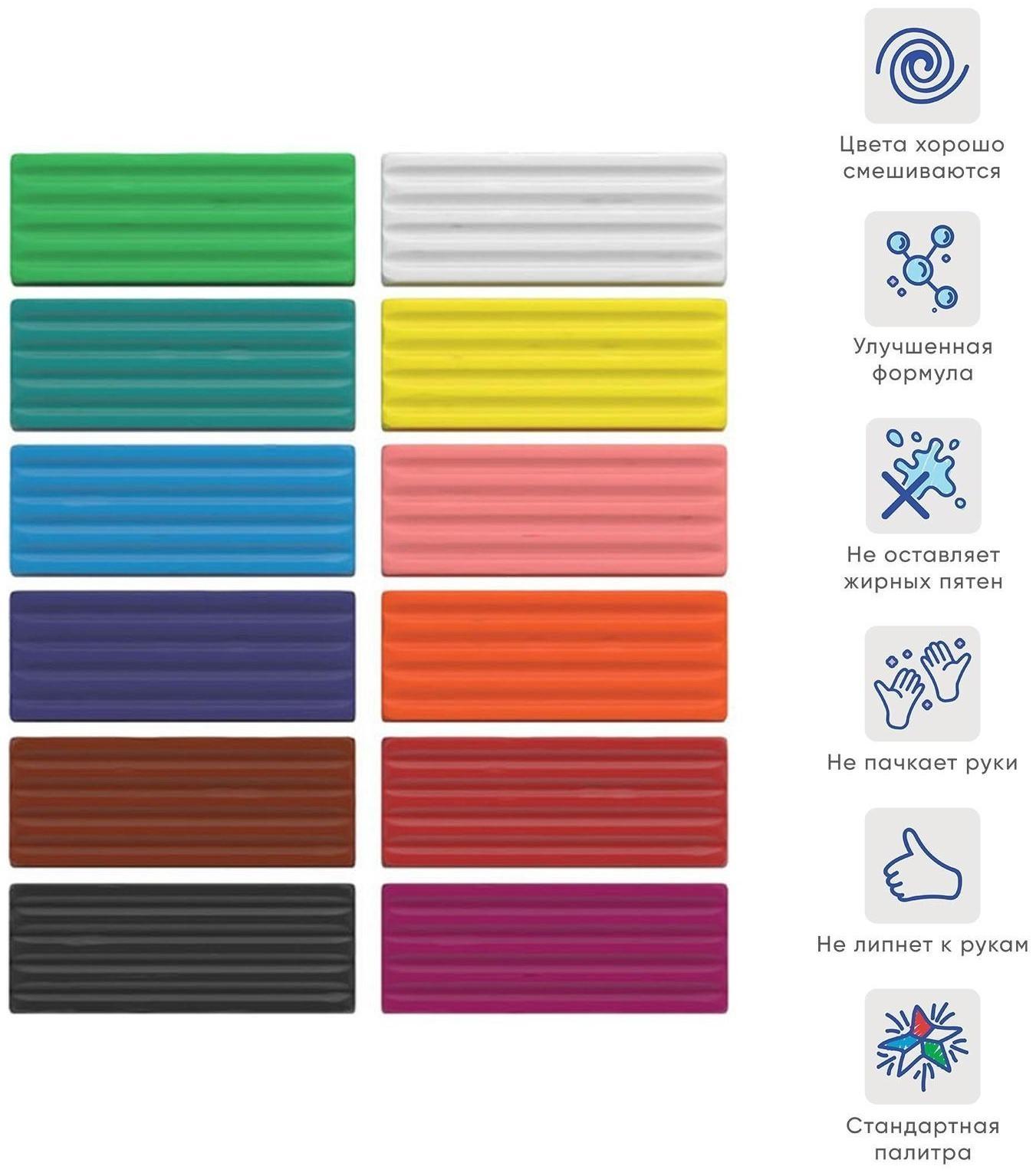 Пластилин 12 цветов, 216 г, ErichKrause, улучшенная формула, стек в подарок, в картонной упаковке