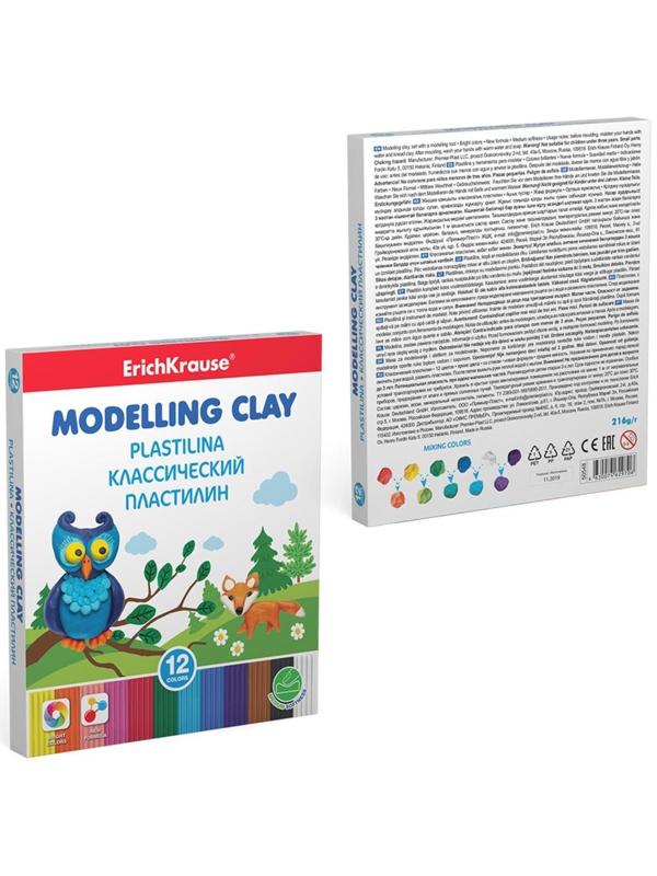 Пластилин 12 цветов, 216 г, ErichKrause, улучшенная формула, стек в подарок, в картонной упаковке