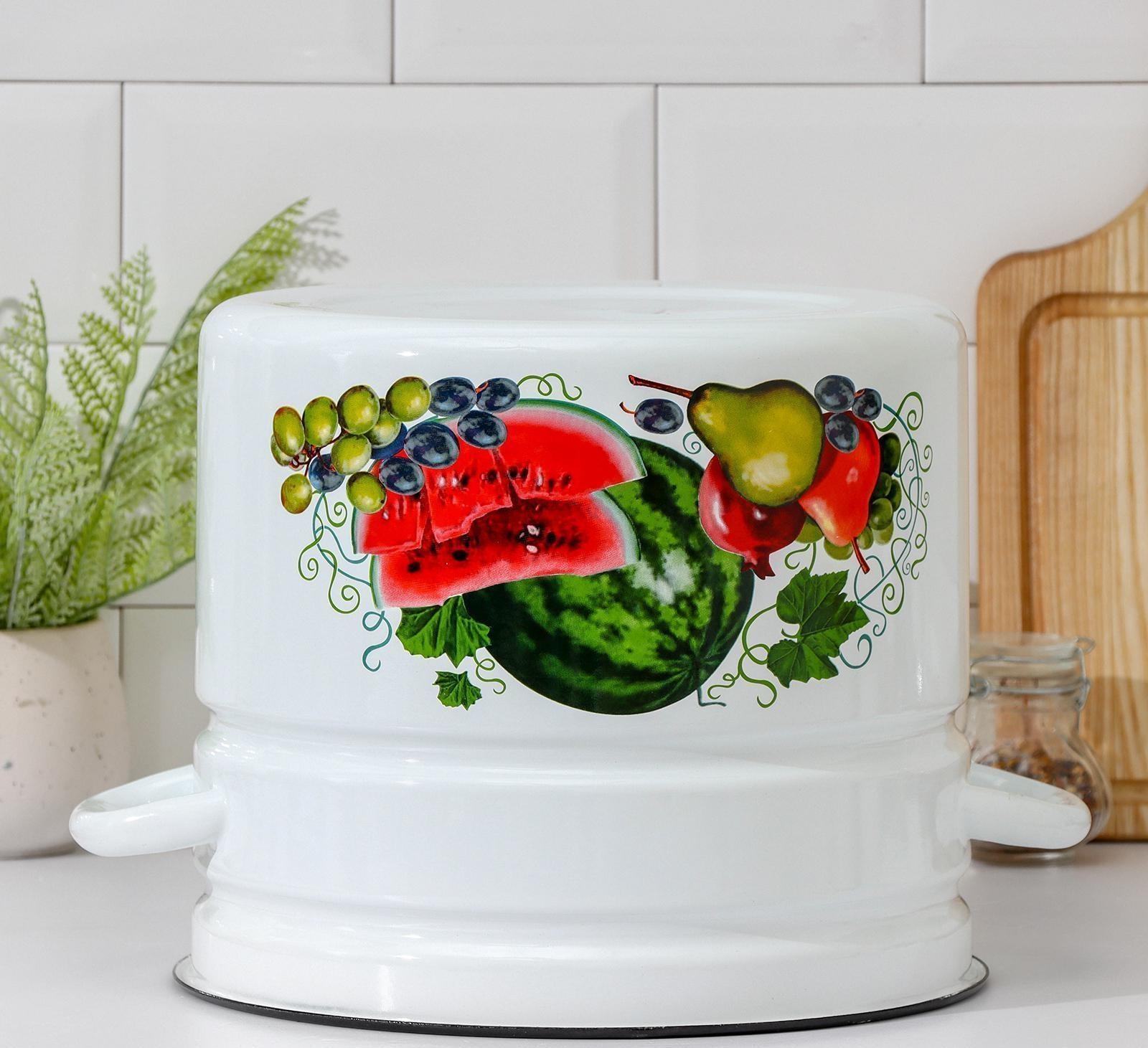 Кастрюля цилиндрическая, 10 л, эмалированная крышка, индукция, деколь МИКС, цвет белый