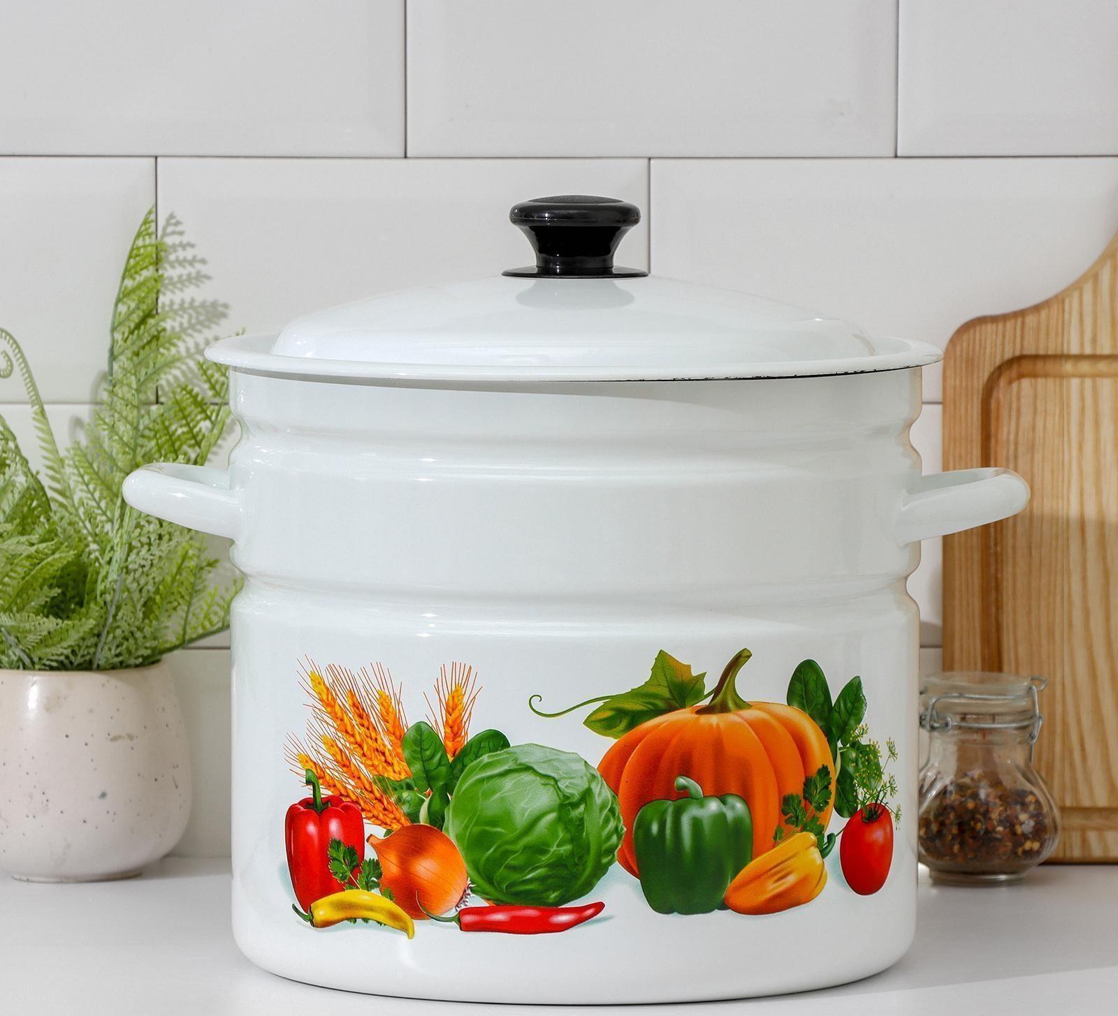 Кастрюля цилиндрическая, 10 л, эмалированная крышка, индукция, деколь МИКС, цвет белый