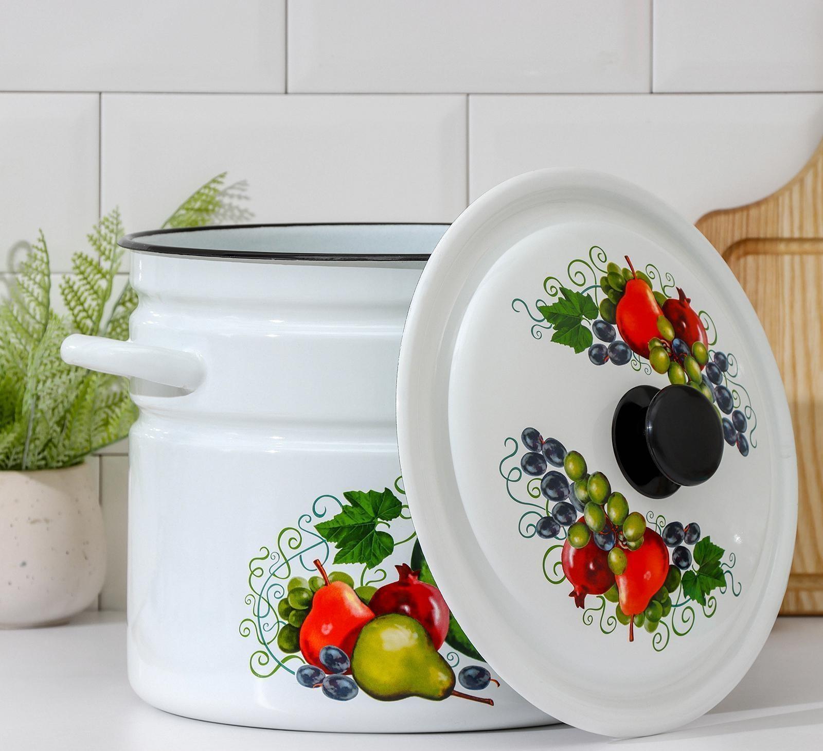 Кастрюля цилиндрическая, 10 л, эмалированная крышка, индукция, деколь МИКС, цвет белый