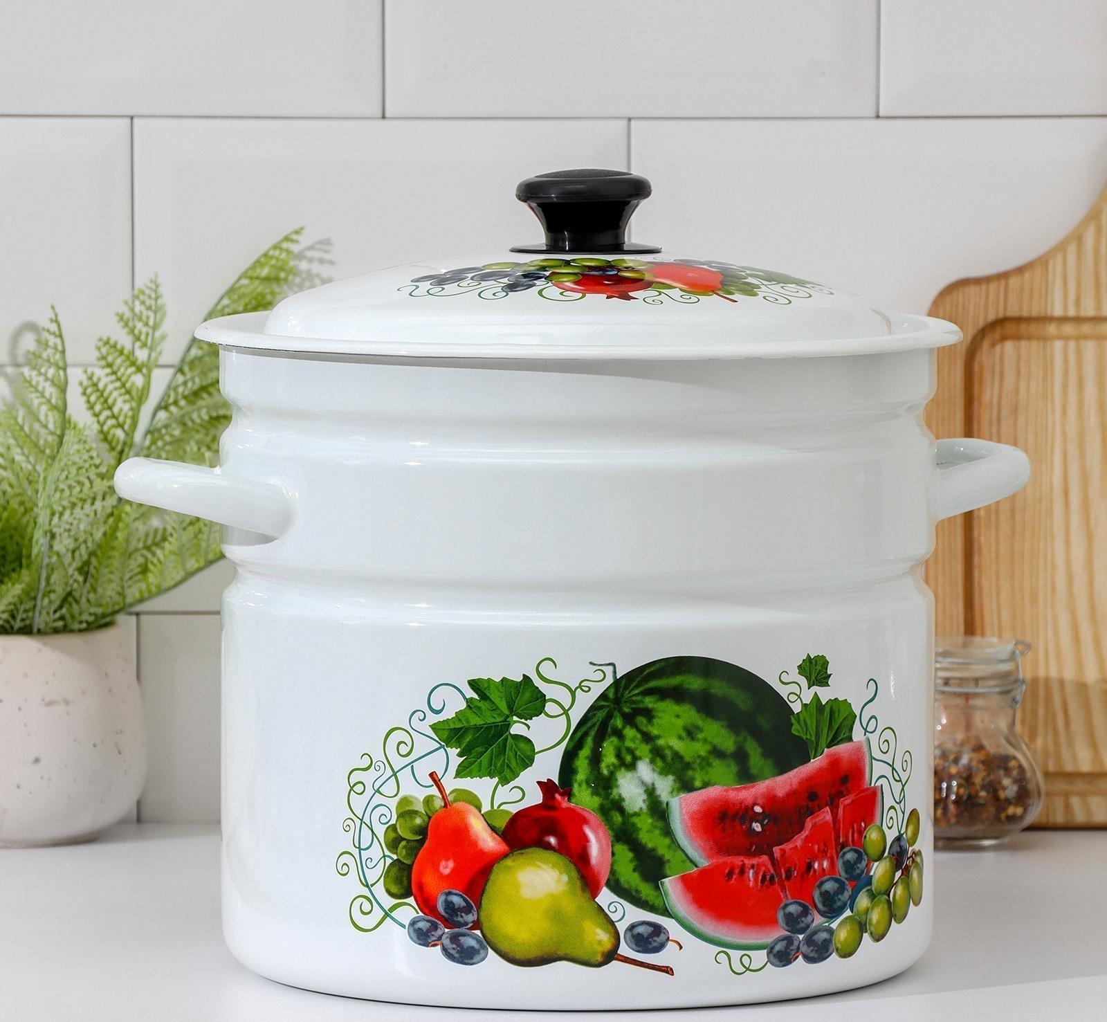 Кастрюля цилиндрическая, 10 л, эмалированная крышка, индукция, деколь МИКС, цвет белый