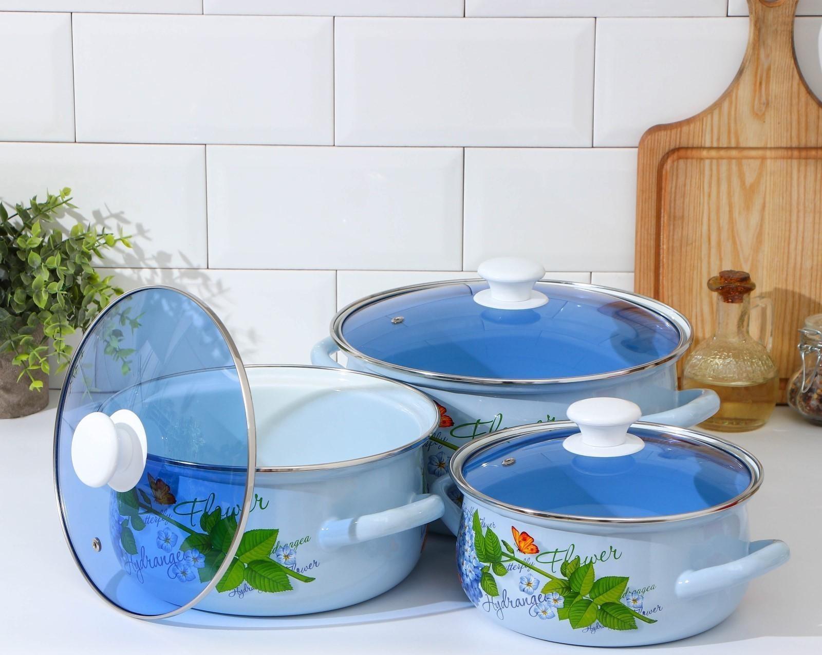 Набор кастрюль «Гортензия», 3 предмета: 2 л, 3 л, 4 л, крышки, индукция, цвет белый