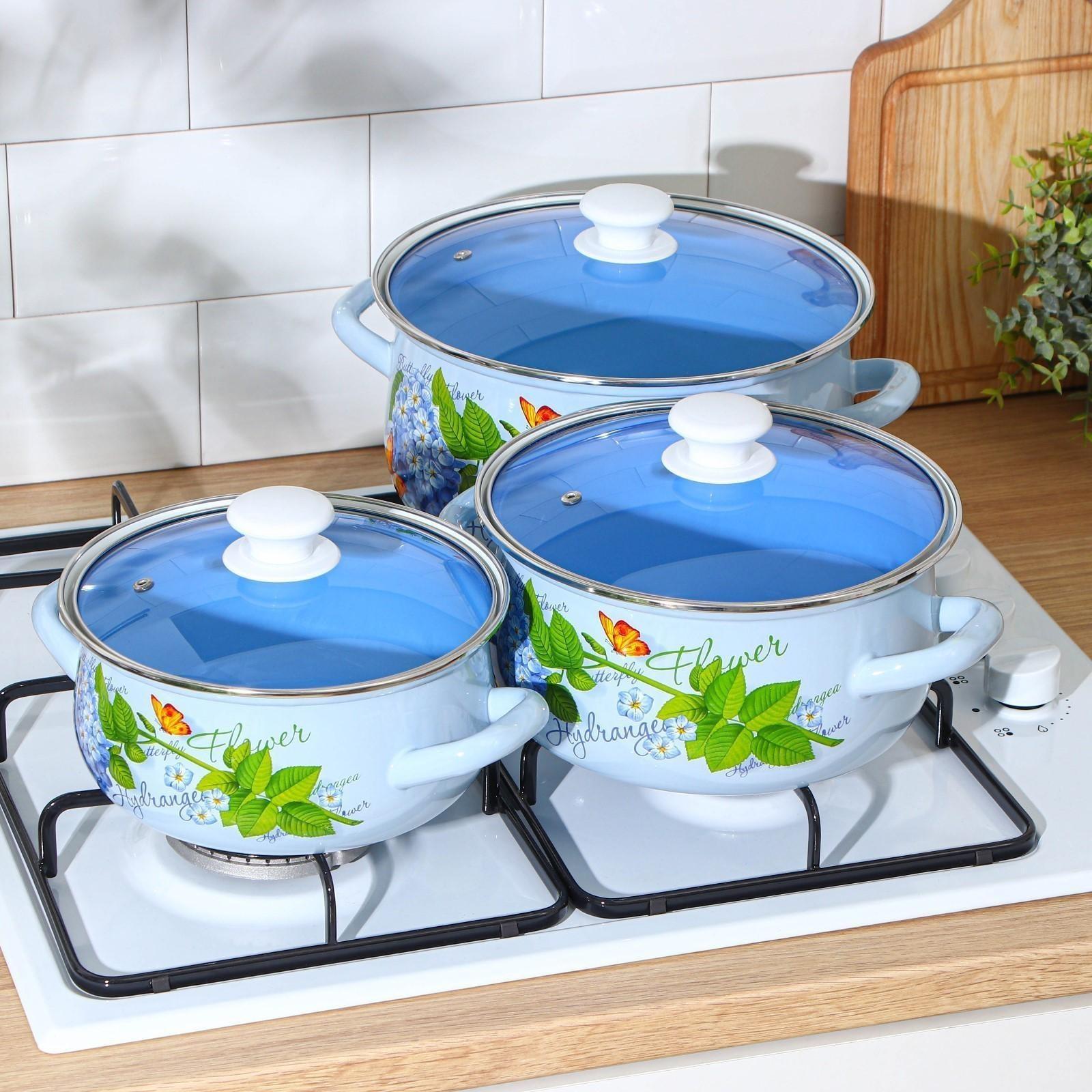 Набор кастрюль «Гортензия», 3 предмета: 2 л, 3 л, 4 л, крышки, индукция, цвет белый