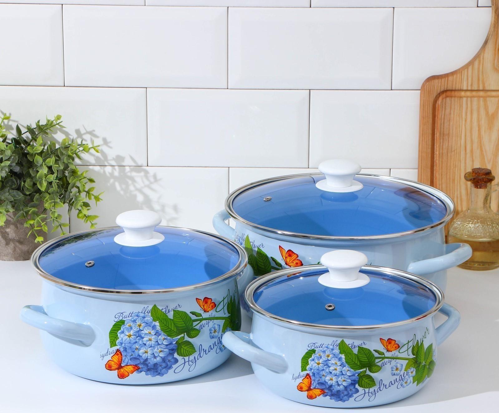 Набор кастрюль «Гортензия», 3 предмета: 2 л, 3 л, 4 л, крышки, индукция, цвет белый