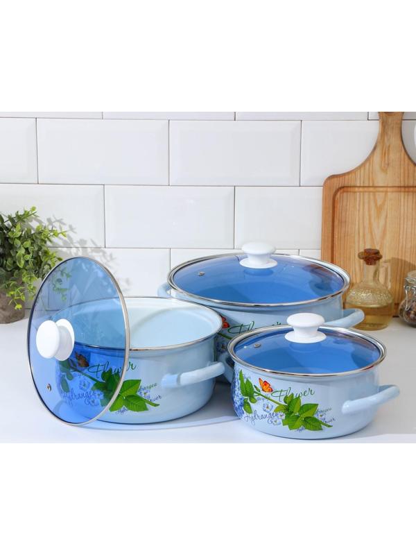 Набор кастрюль «Гортензия», 3 предмета: 2 л, 3 л, 4 л, крышки, индукция, цвет белый