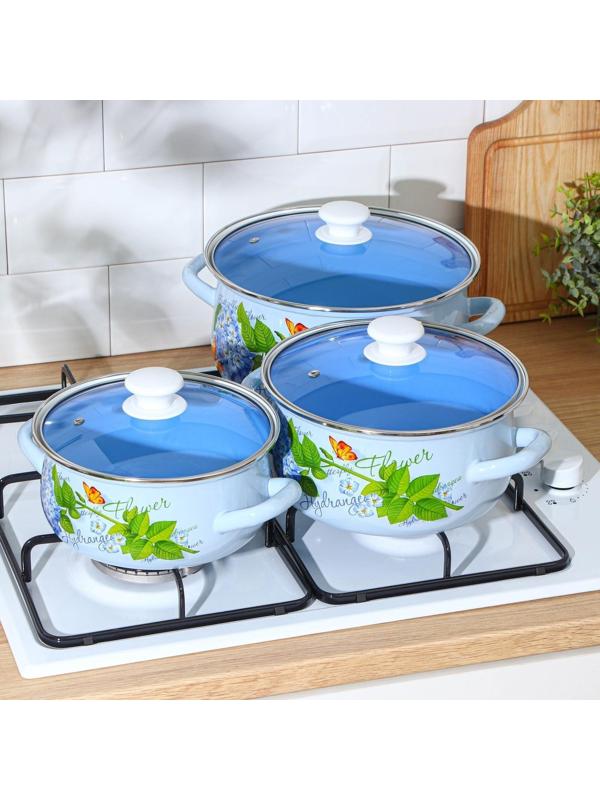 Набор кастрюль «Гортензия», 3 предмета: 2 л, 3 л, 4 л, крышки, индукция, цвет белый