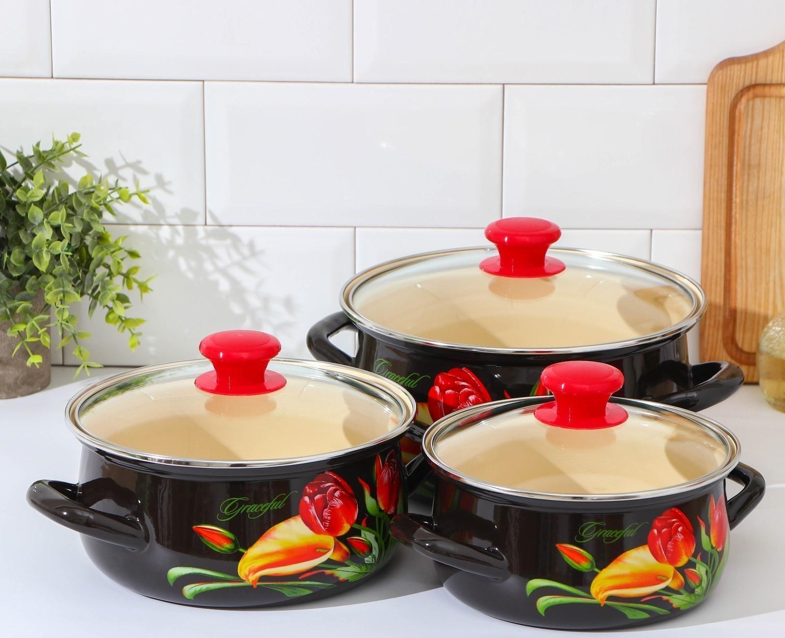 Набор кастрюль «Грациозный», 3 предмета: 1,5 л, 2 л, 3 л, крышки, индукция, цвет коричневый