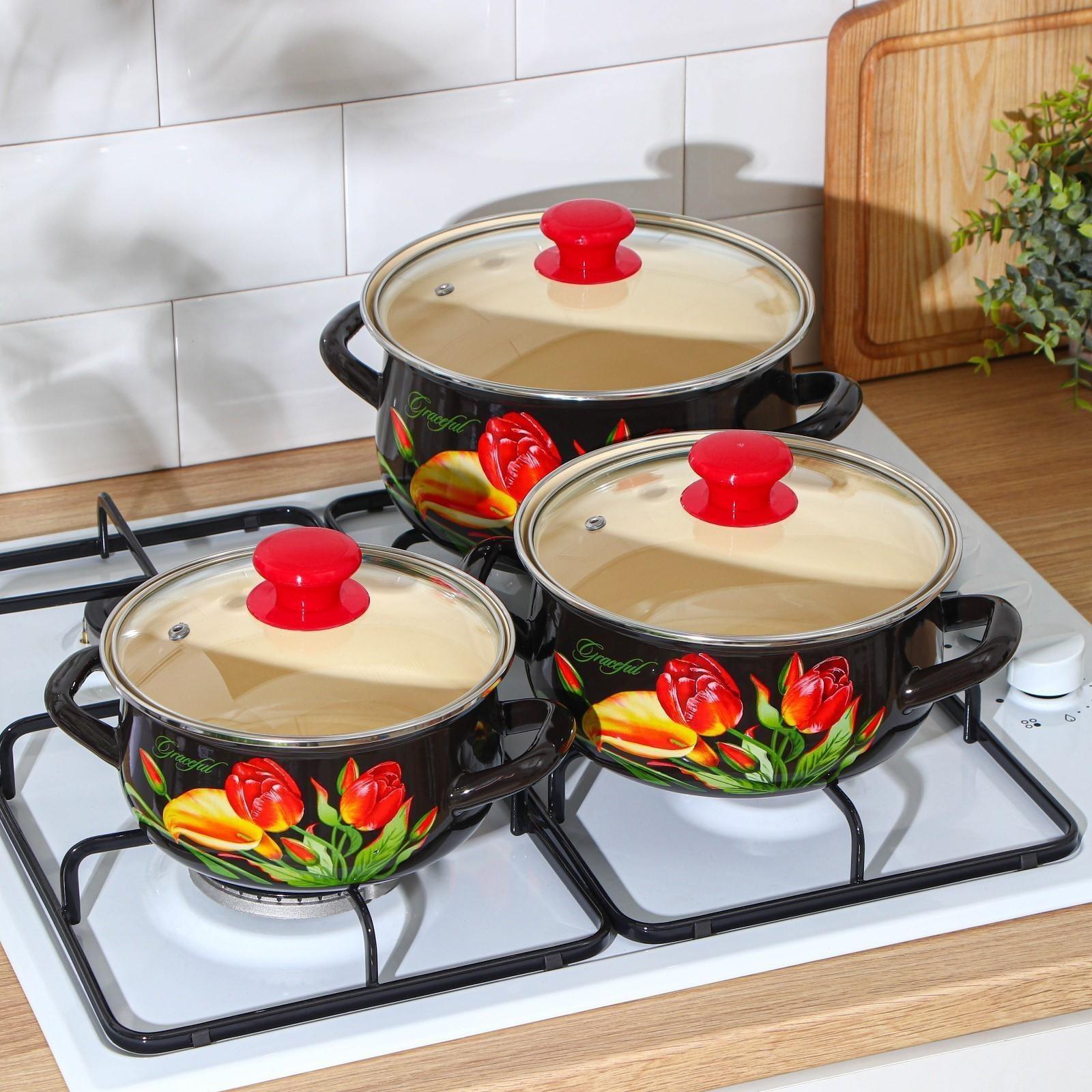 Набор кастрюль «Грациозный», 3 предмета: 1,5 л, 2 л, 3 л, крышки, индукция, цвет коричневый