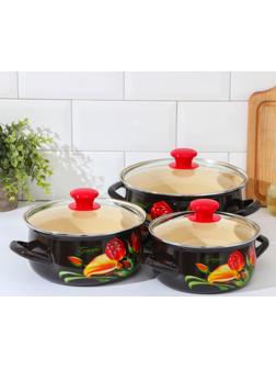 Набор кастрюль «Грациозный», 3 предмета: 1,5 л, 2 л, 3 л, крышки, индукция, цвет коричневый