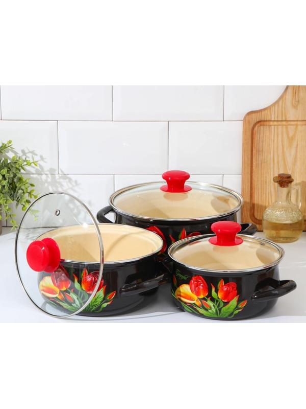 Набор кастрюль «Грациозный», 3 предмета: 1,5 л, 2 л, 3 л, крышки, индукция, цвет коричневый