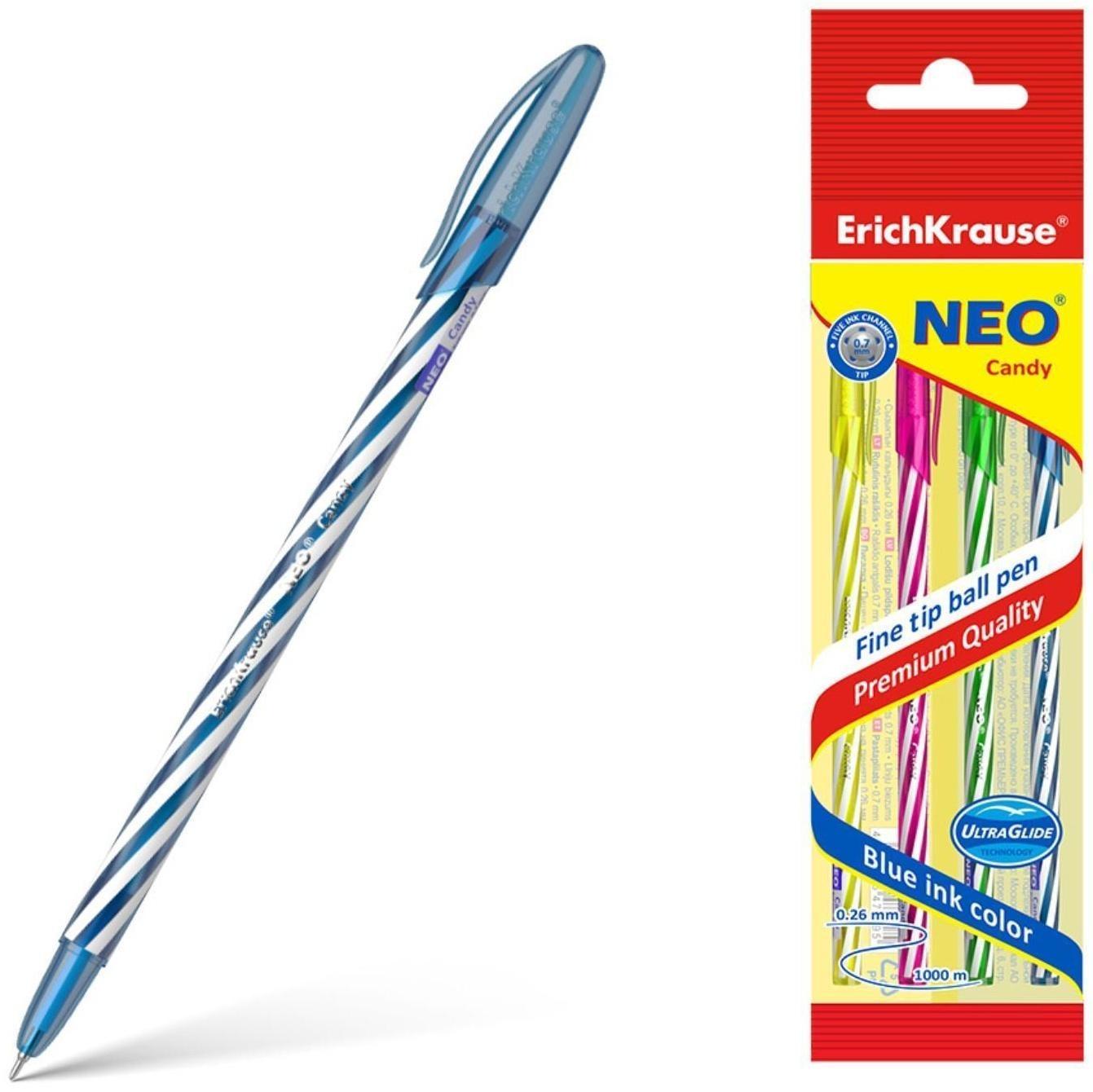 Ручка шариковая ErichKrause Neo Candy, чернила синие, 4 штуки