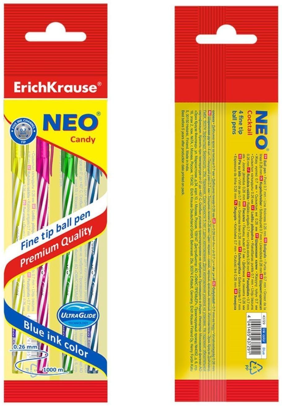 Ручка шариковая ErichKrause Neo Candy, чернила синие, 4 штуки