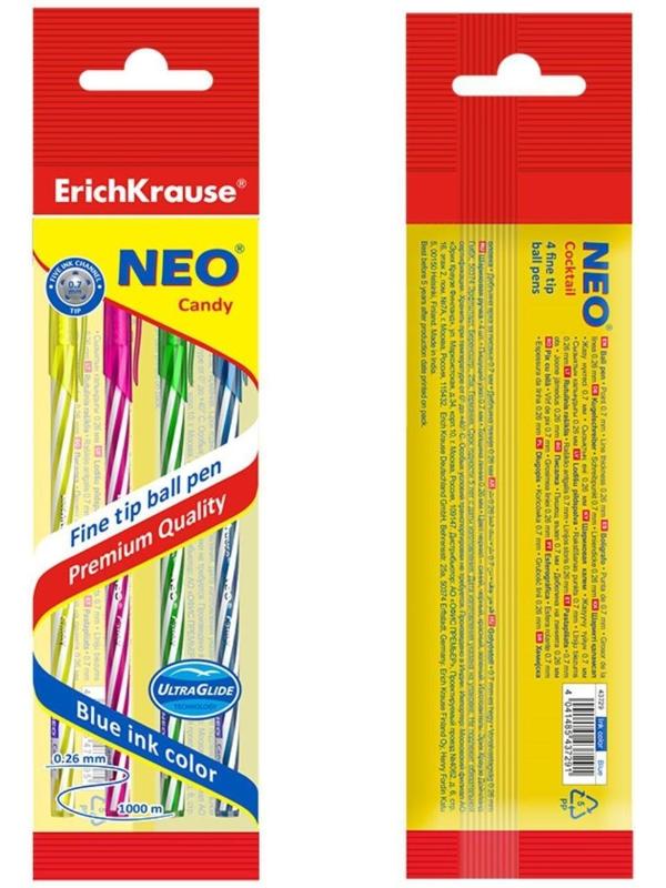 Ручка шариковая ErichKrause Neo Candy, чернила синие, 4 штуки