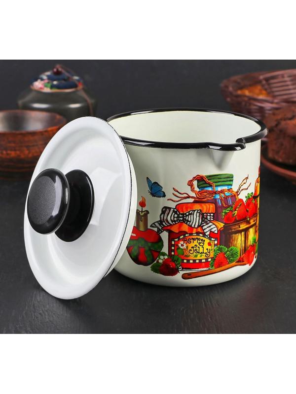 Кружка с носиком, 1 л, с крышкой, деколь МИКС, цвет белый