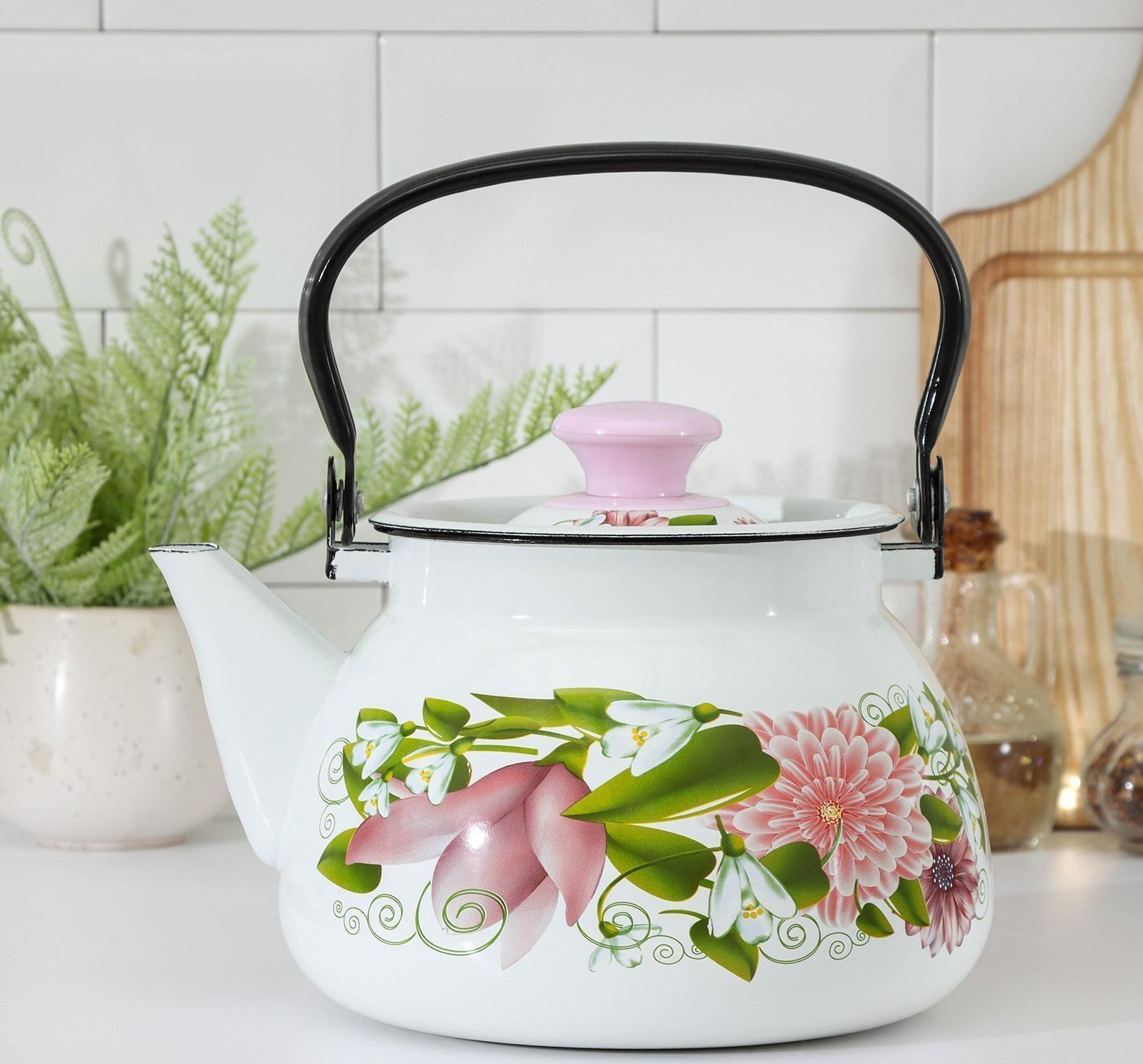 Чайник сферический, 3 л, индукция, деколь МИКС, цвет белый