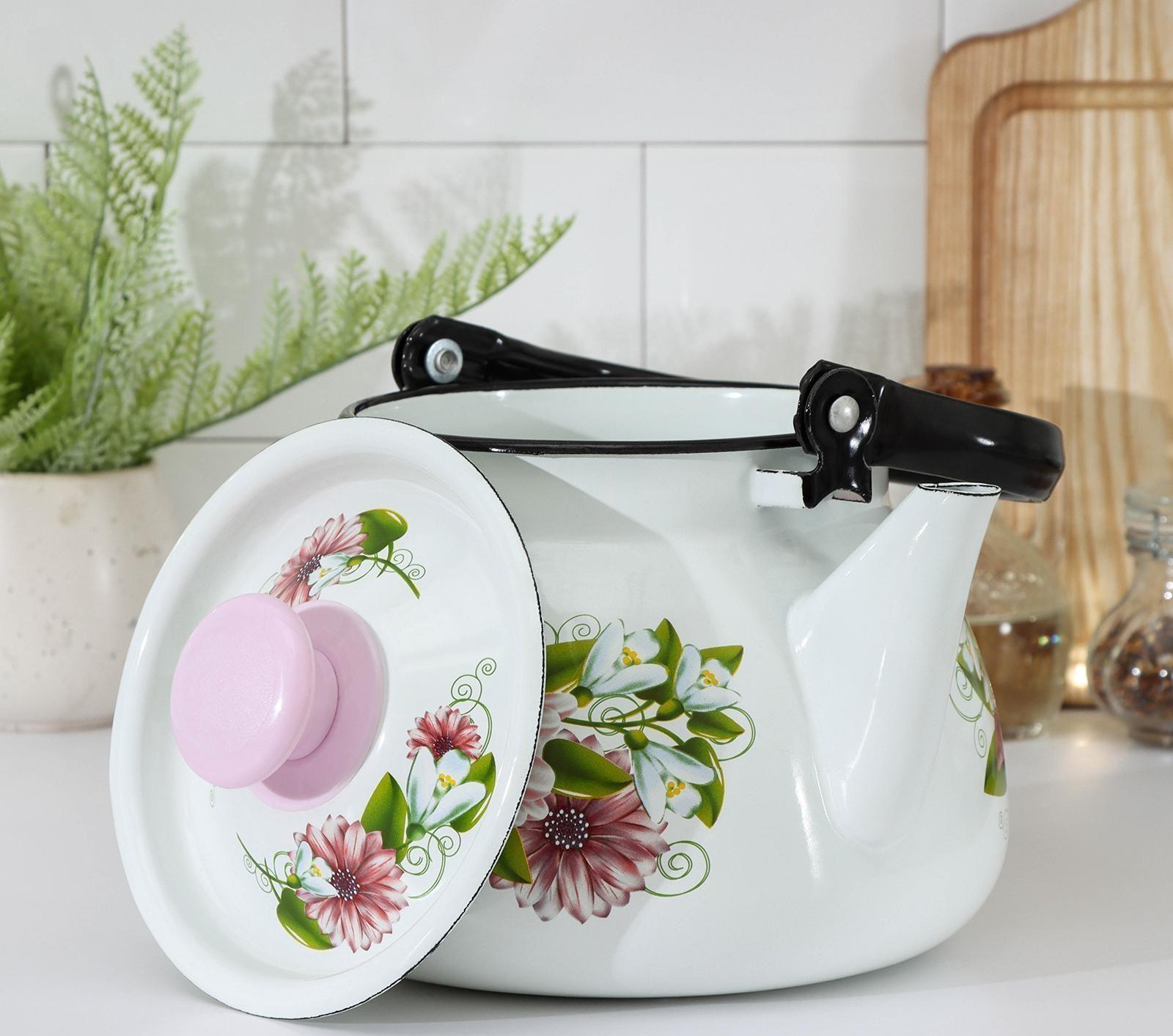 Чайник сферический, 3 л, индукция, деколь МИКС, цвет белый